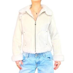 Bebe Y2K Faux Suede Jacket w/ Faux Fox Fur Trim White Cream Size Small